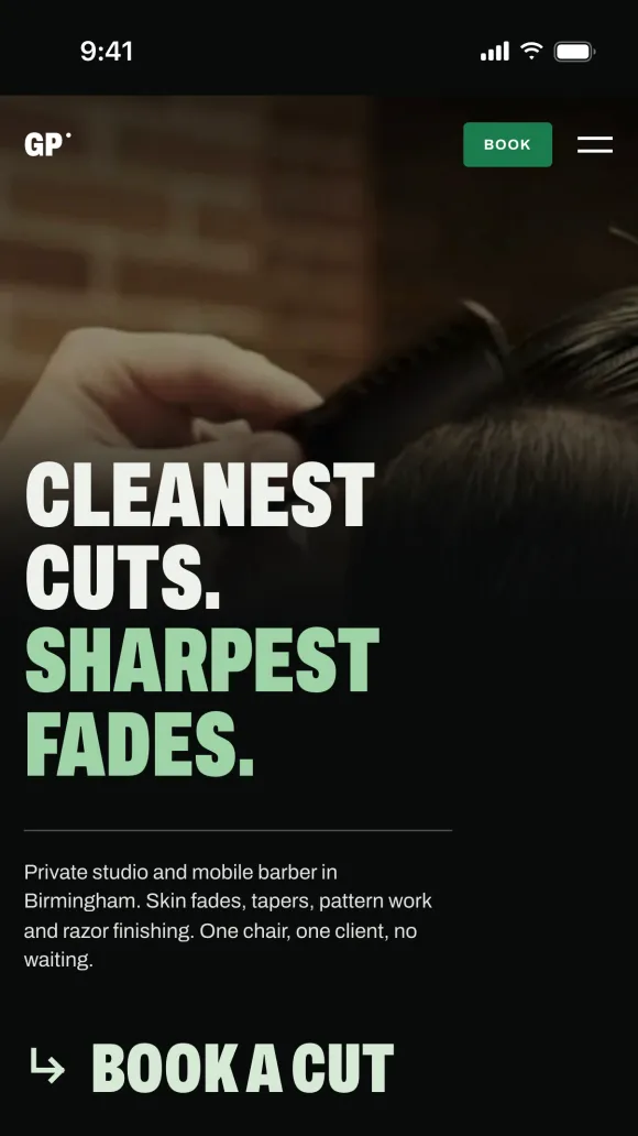 GP Barber's Barbr website on a phone