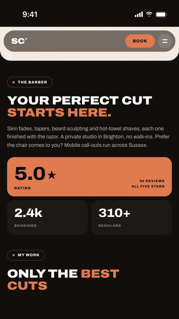 SC Barber's Barbr website on a phone