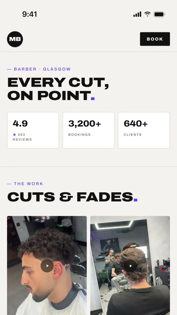 MB Barber's Barbr website on a phone